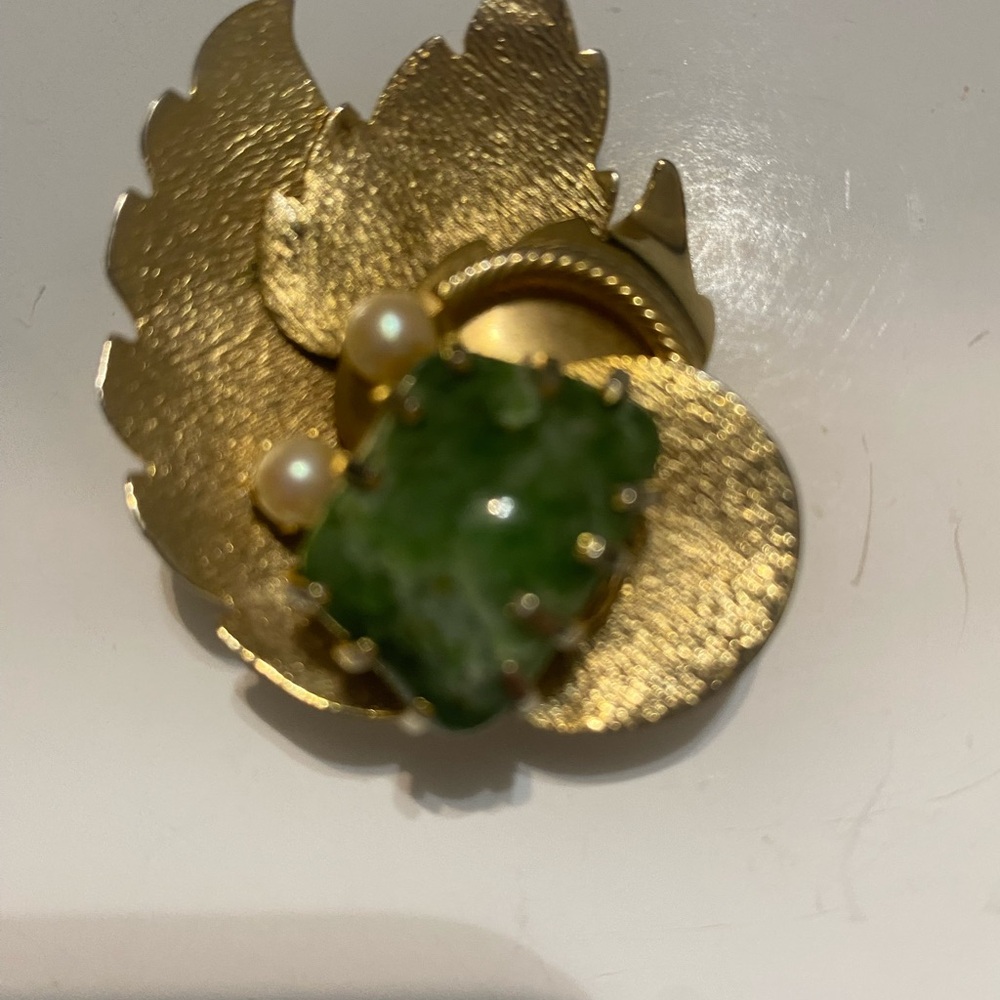 Gold-Tone Brooch with Green Stone and Pearls